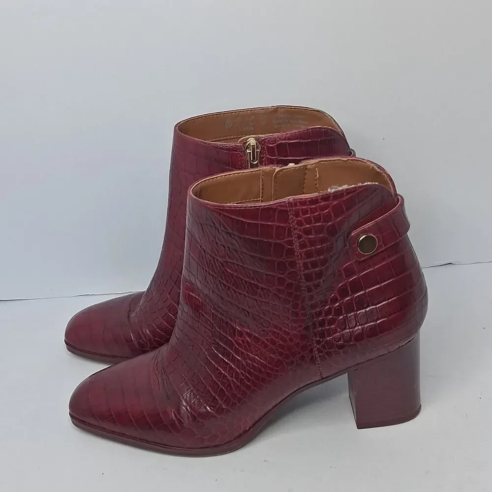 Franco Sarto Ilaria Burgundy Croc Embossed Leather Ankle Boots Booties Size 9M